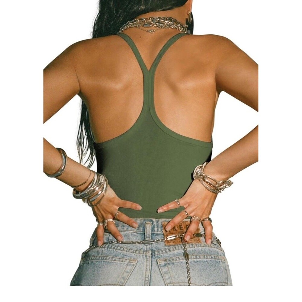 Workout Tops Tank Tops Basic Cute   Slim Fit Yoga Gym Rib Army Green Medium